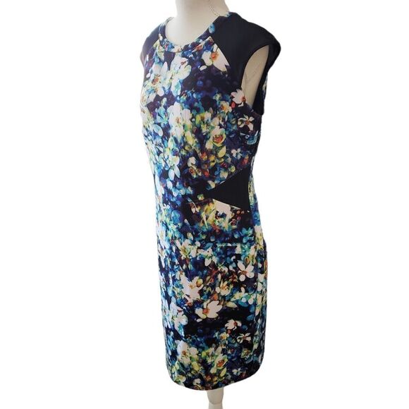 Worthington Abstract Floral Print Mesh Cap Sleeves Sheath Dress Sz 12 - Picture 3 of 15